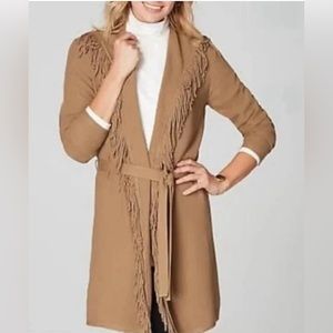 J.Jill Fringe Long Duster, Waffle Knit, Belted, camel tan cardigan. Size Large